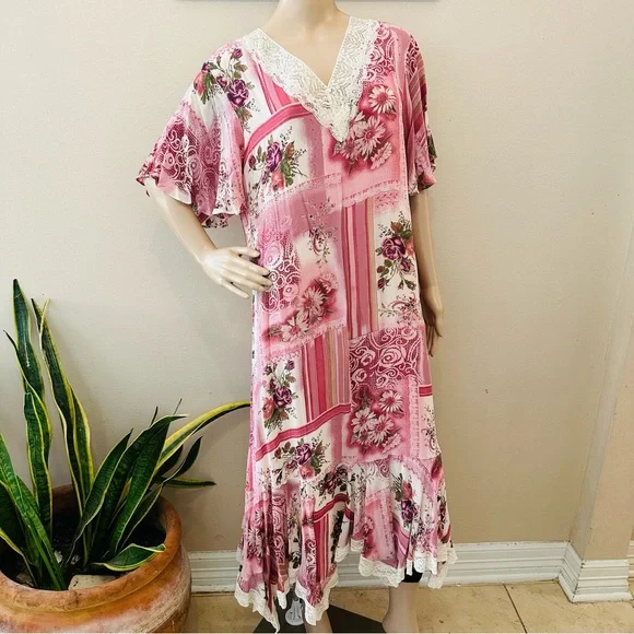 pink women's angel flowy dress Victoria Pink Orange Multi Angel Sleeve Mesh Long Midi Dress – Scarlett & Jo main image 0